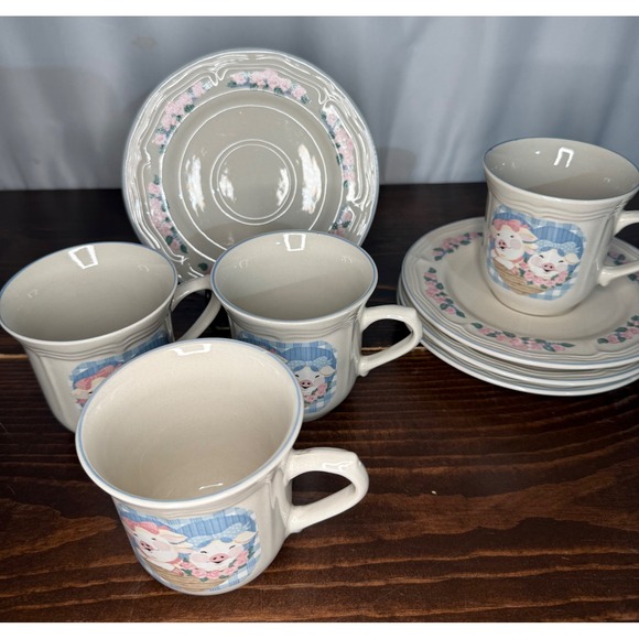 Tienshan Other - VTG Tienshan Stoneware Pig Pal Tea Set 4 Mugs 4 Saucers Country Farmhouse